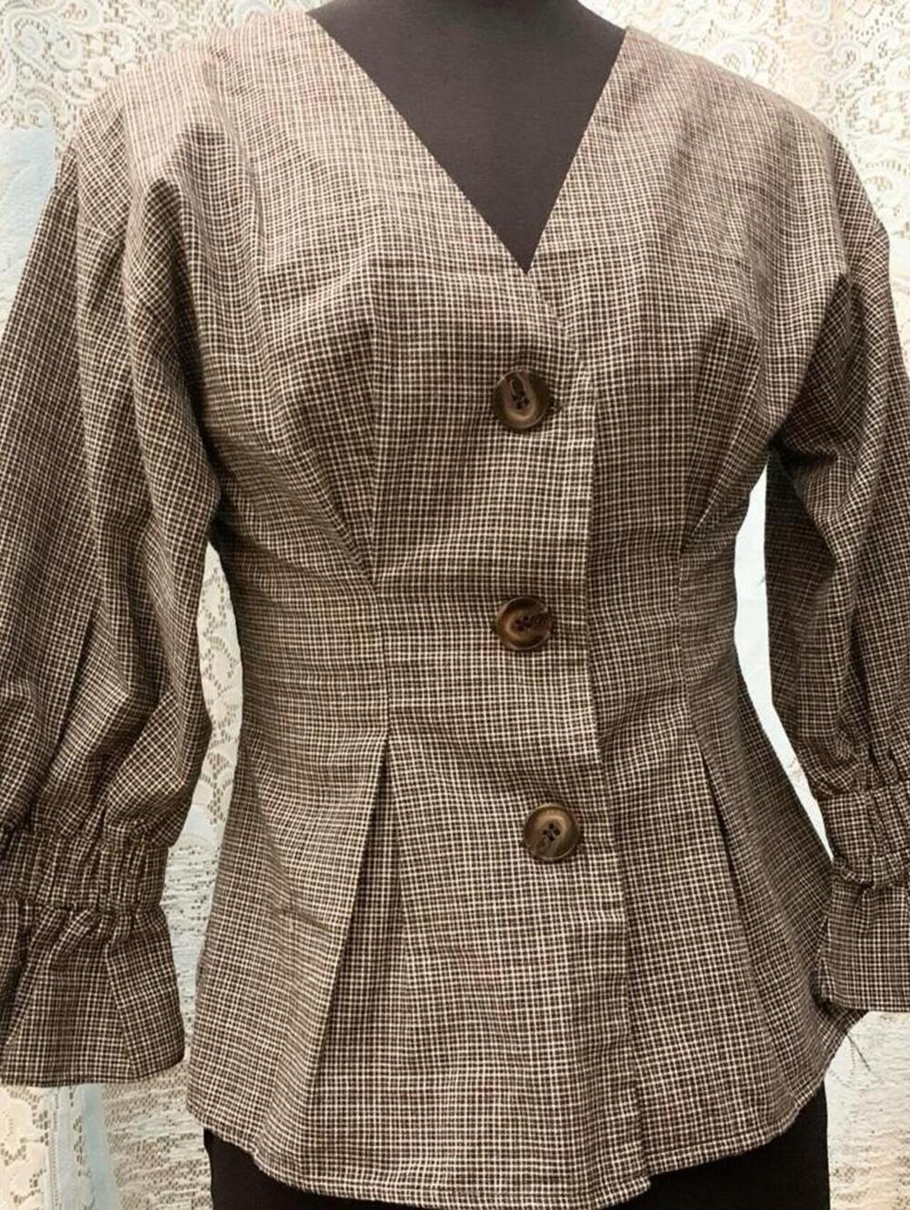 Essue Plaid V-Neck Blouse Puff Sleeve Smocked Cuff Ruched Peplum Top